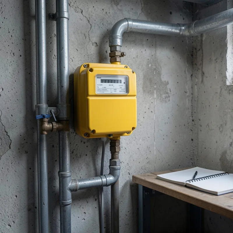 Compteur de gaz résidentiel et relevé de consommation annuelle dans un local technique
