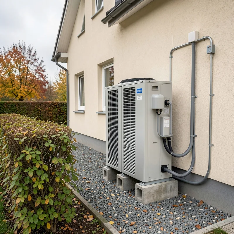 Unité extérieure de pompe à chaleur air-eau installée le long d’une façade de maison