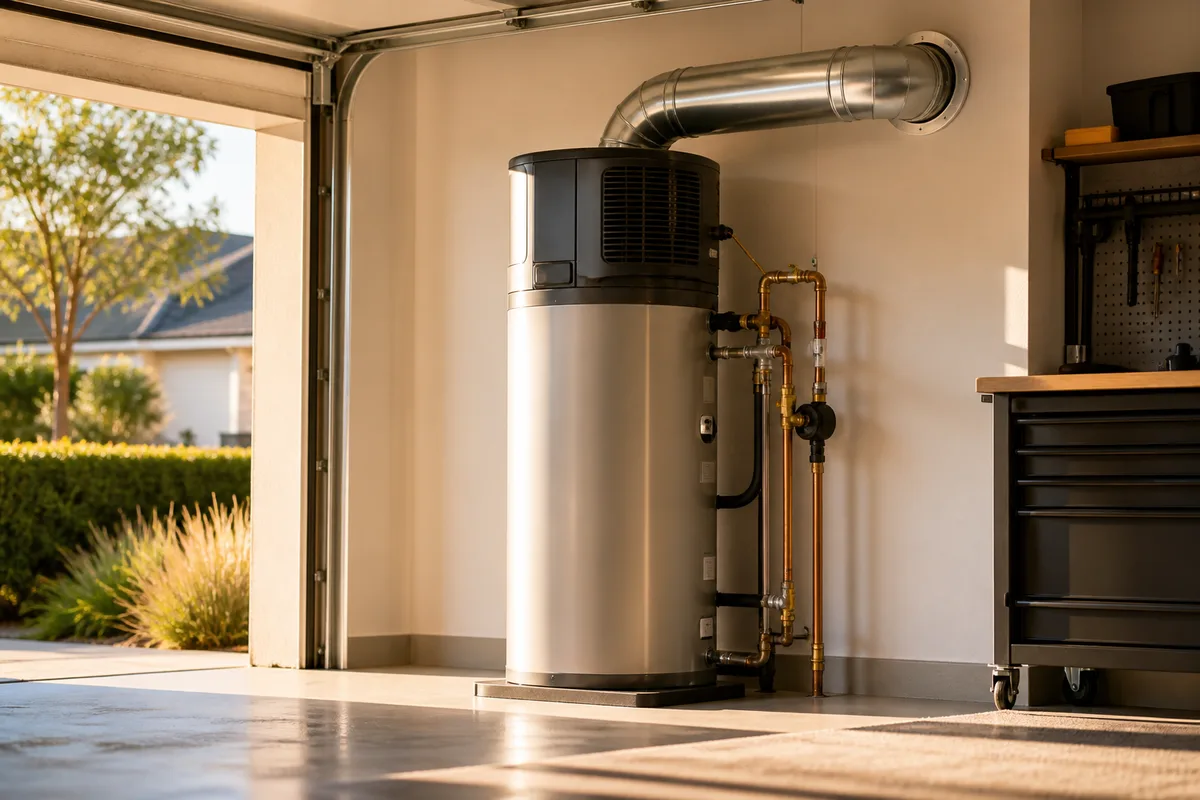 Chauffe-eau thermodynamique installé dans un garage, avec son évaporateur et sa gaine de rejet d’air