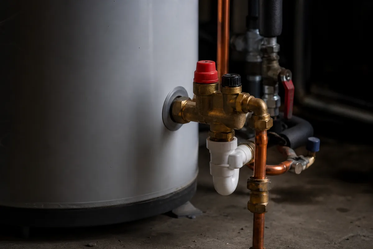 Détail du groupe de sécurité et des raccordements hydrauliques d’un ballon d’eau chaude