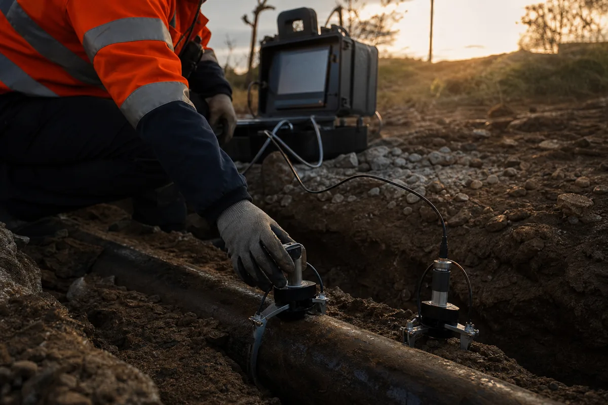 Technicien utilisant un corrélateur acoustique pour localiser une fuite sur une canalisation enterrée