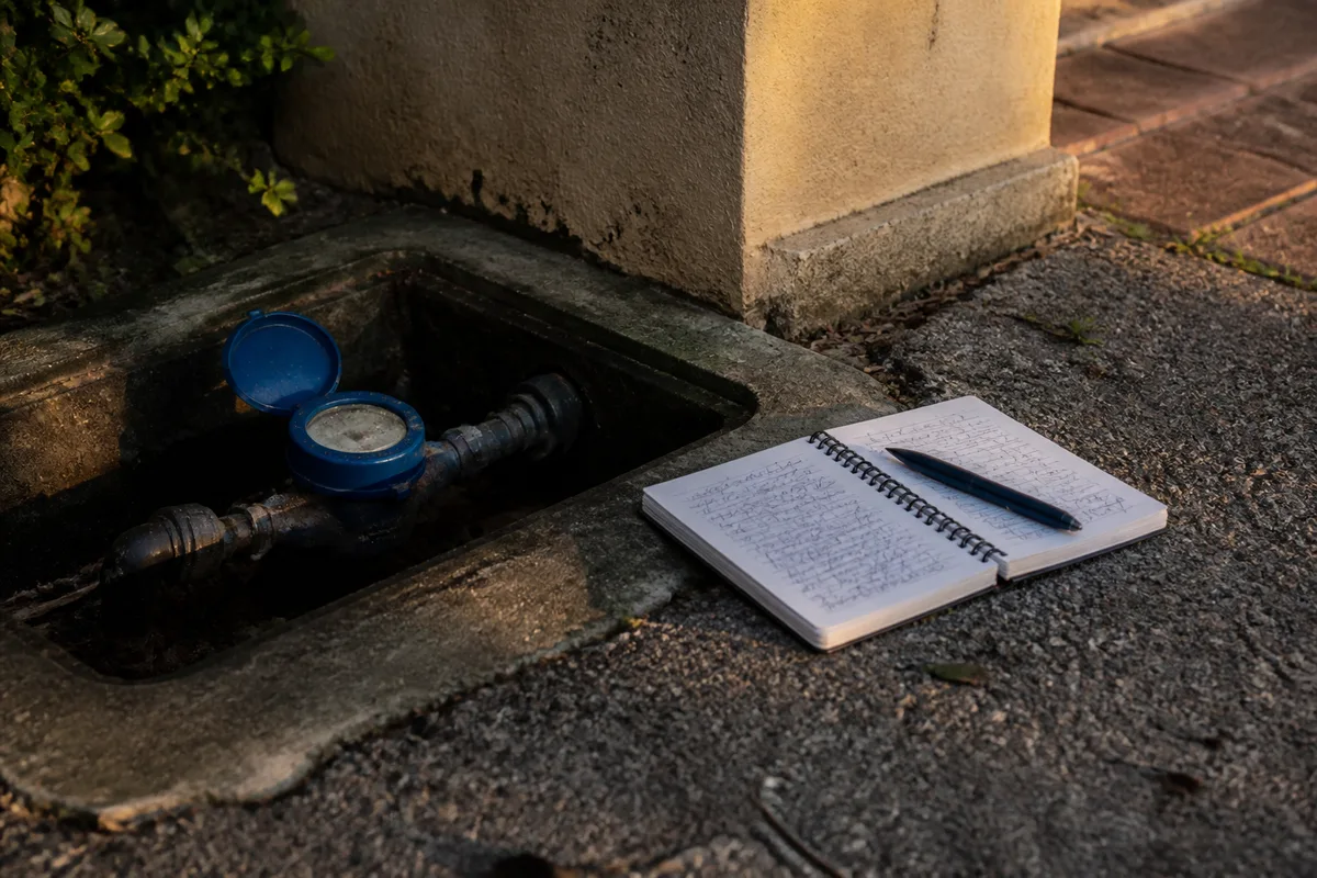 Compteur d’eau en limite de propriété, avec relevé d’index noté sur un carnet