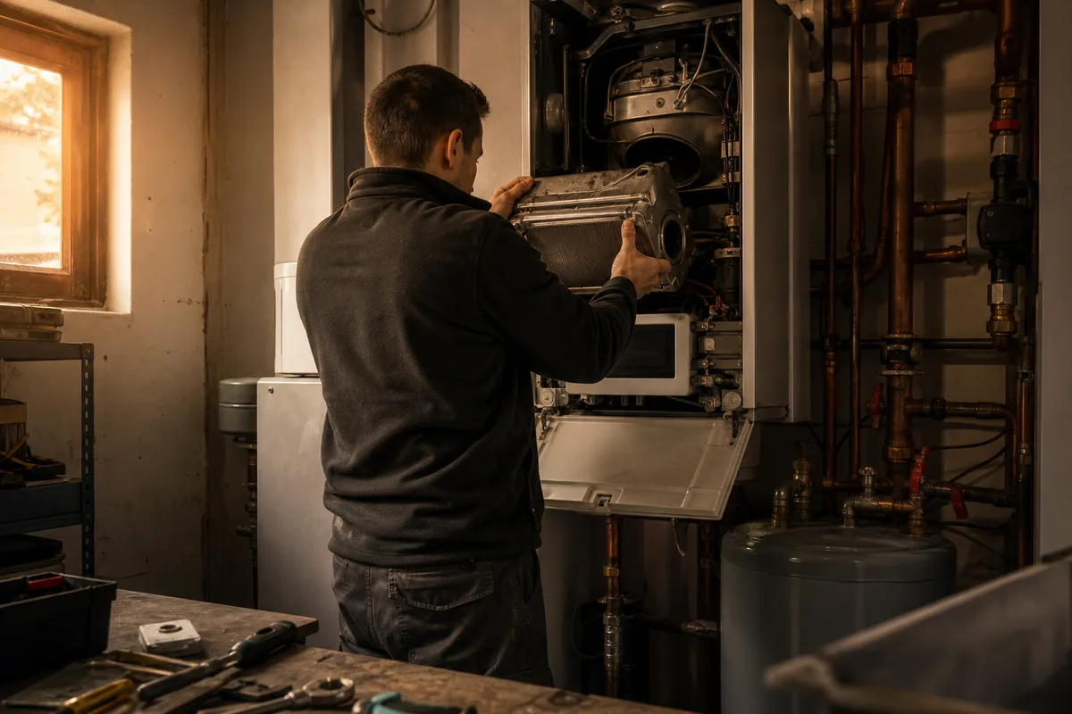 Technicien démontant le corps de chauffe d&rsquo;une chaudière à condensation pour le nettoyer