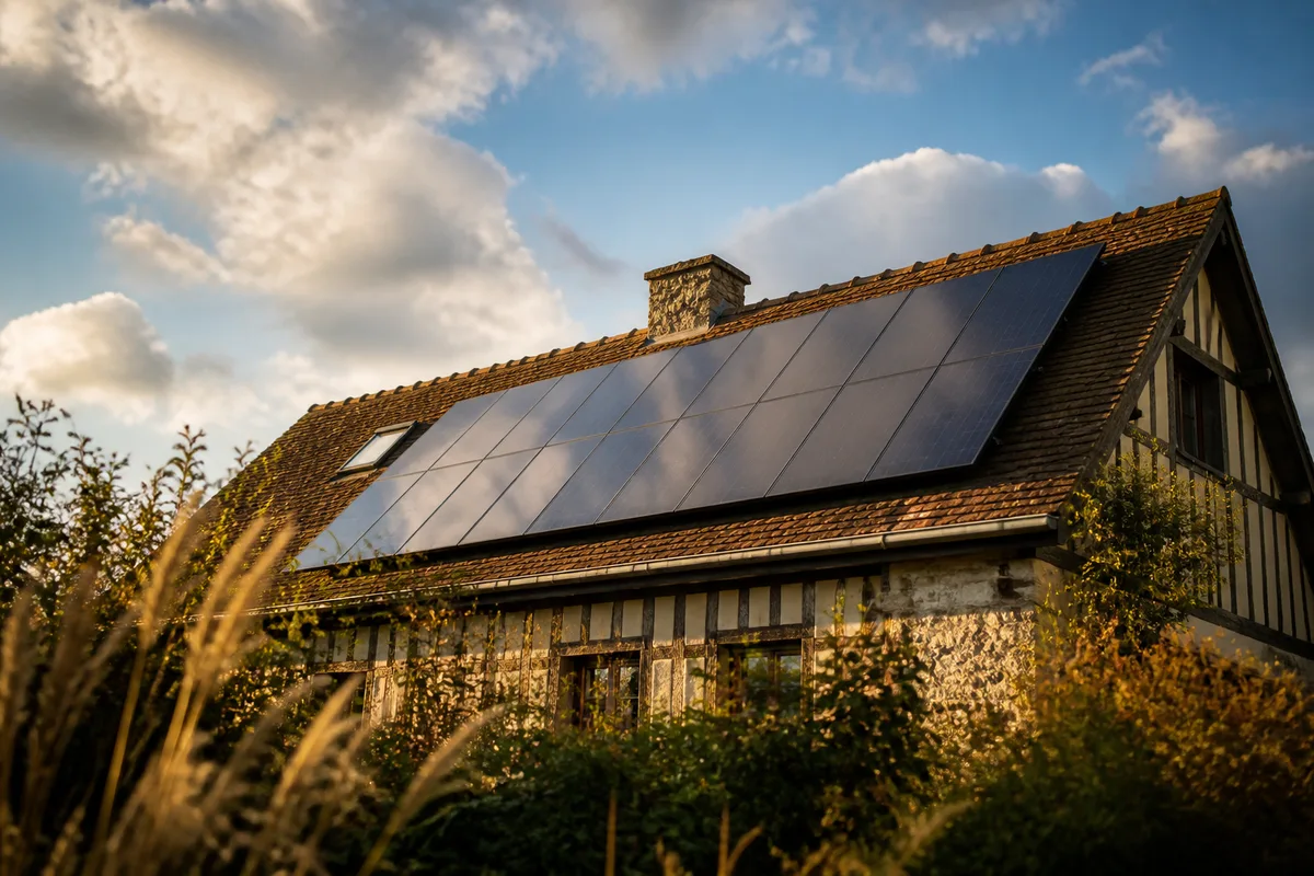 Panneaux photovoltaïques posés en toiture d’une maison normande, ciel partiellement nuageux