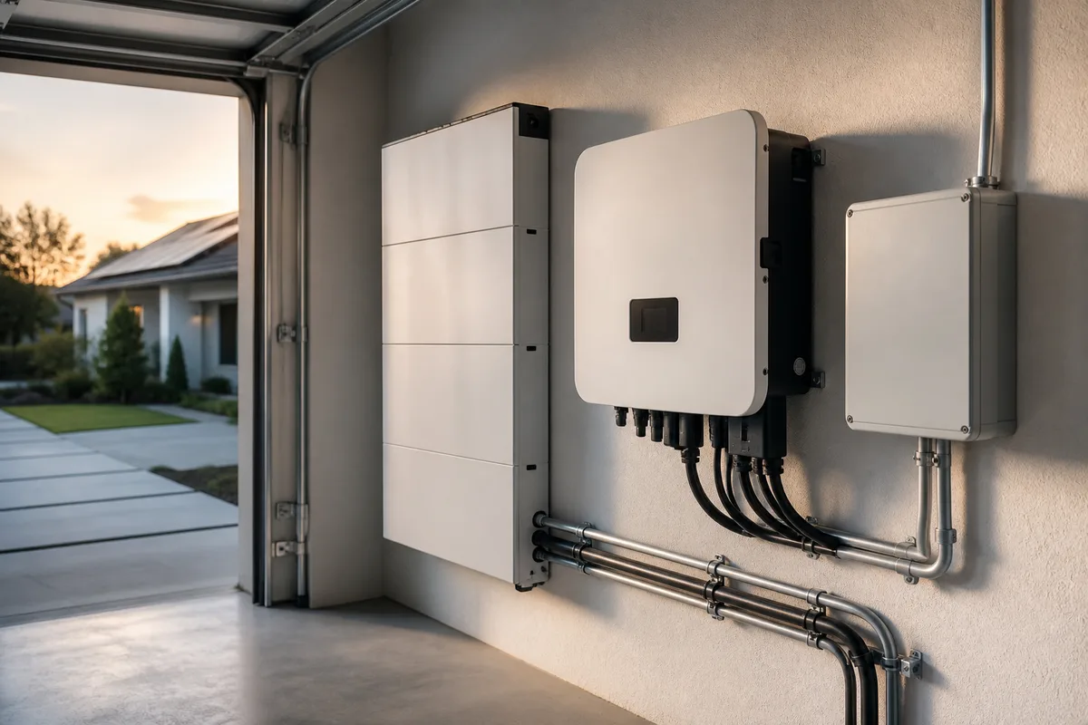 Coffret de protection et onduleur photovoltaïque installés dans un garage, câblage repéré