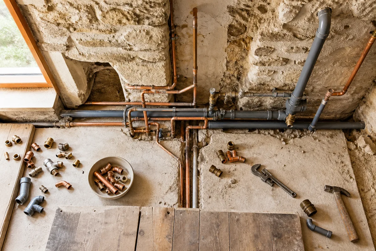 Vue d&rsquo;un chantier de plomberie dans une maison ancienne en pierre du Cotentin, canalisations apparentes