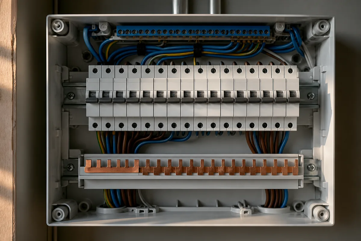 Peigne de répartition et disjoncteurs modulaires dans un tableau électrique moderne